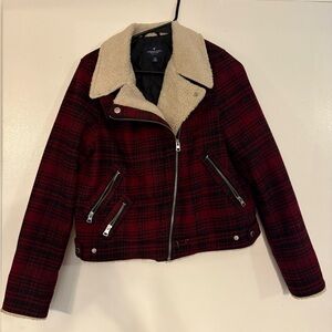 American Eagle Outfitters Red and Cream Bomber Jacket with Wool Blend